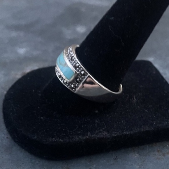 Sterling Silver Ring Band w/ Turquoise and Marcasite Size 8.5-9 - Picture 2 of 6